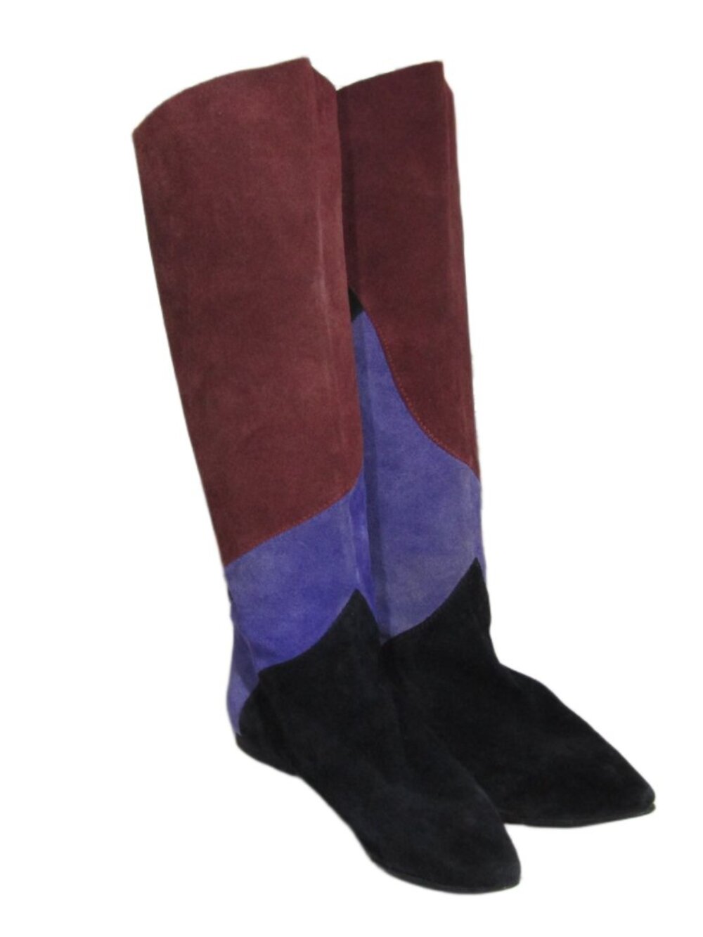 VTG 80s Suede Leather Color Block Slouchy Patchwork Flat Tall Pull On Boots 8